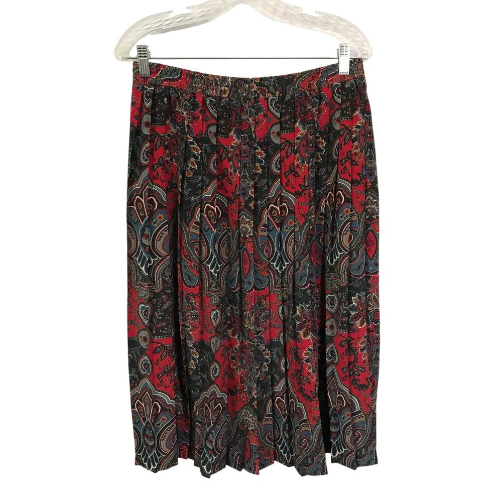 Vintage Alfred Dunner Skirt Petite 14 Red Paisley Pleated Elastic Waist Midi